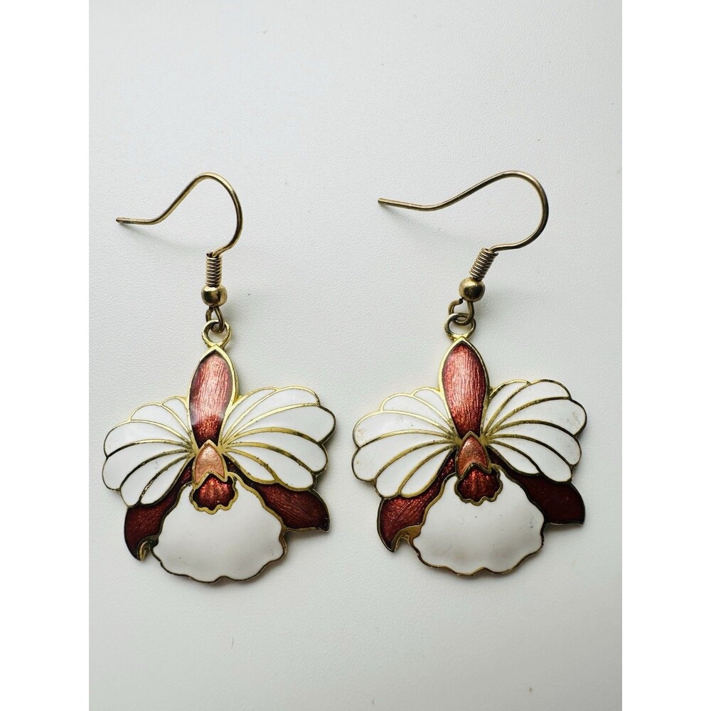 Vintage cloisonné Orchid Floral Dangle Earrings Gold Tone